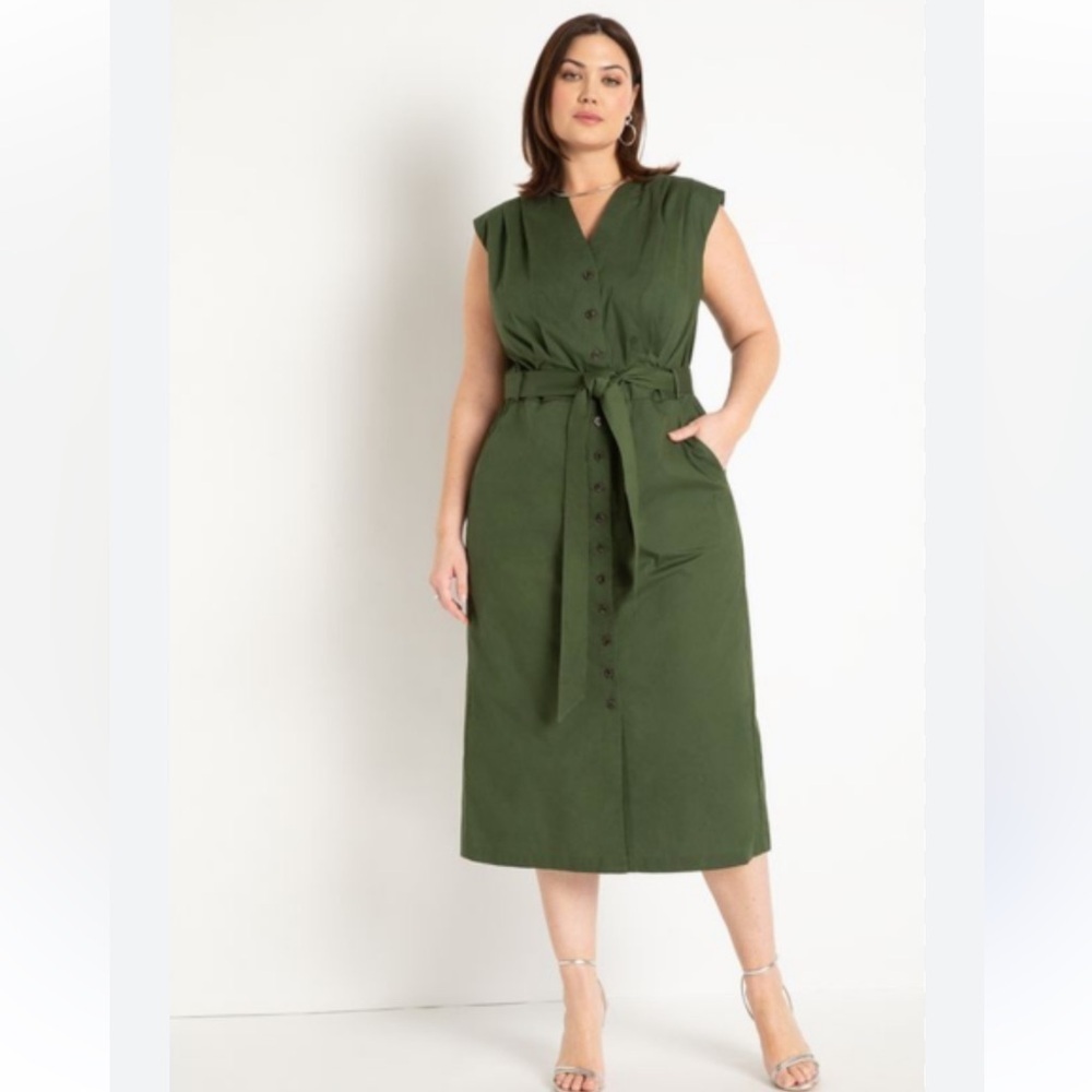 Eloquii Midi Sleeveless Shirt Dress Green Cotton Blend Button Up Belted Pockets
